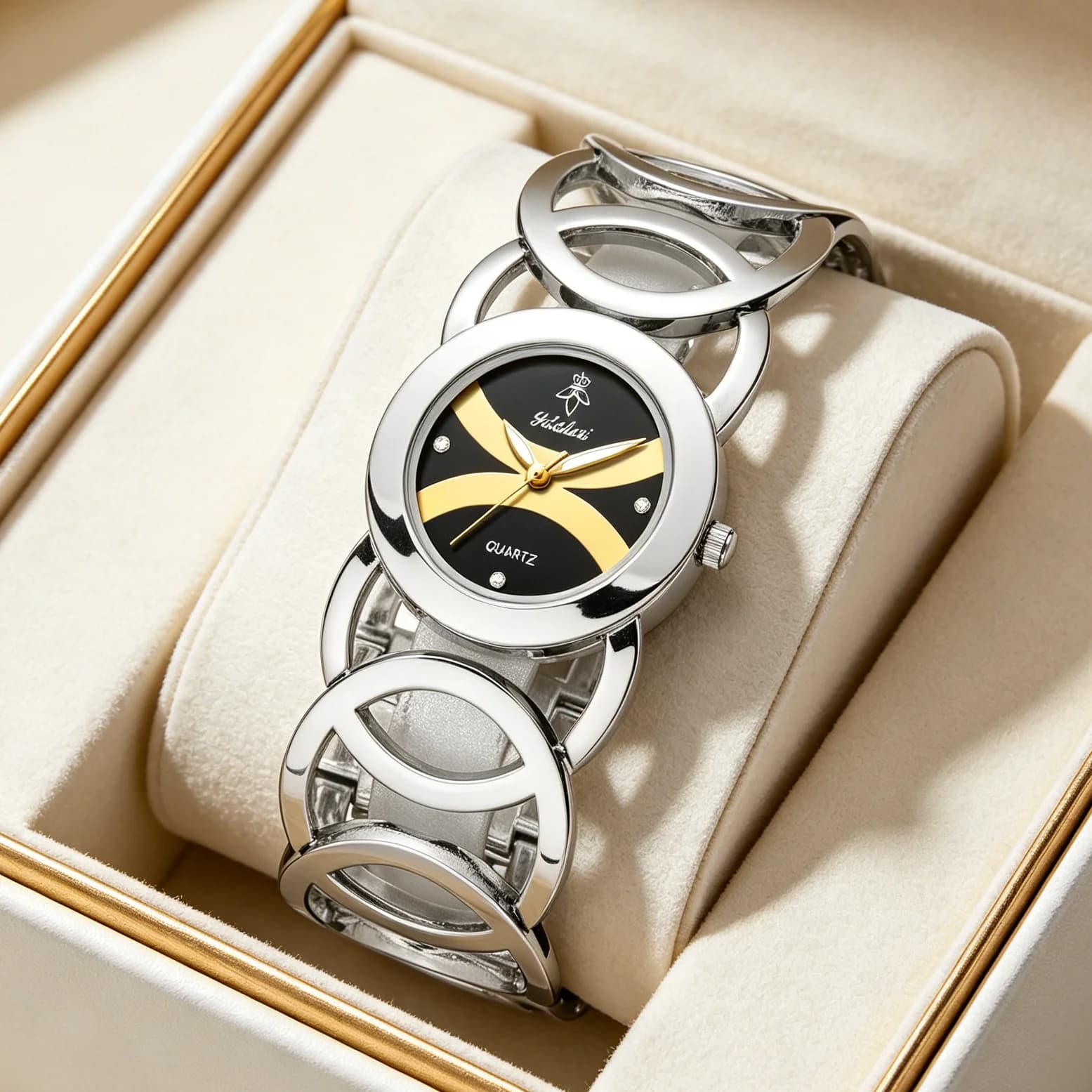 YaLaLuSi Round Two-Tone Curved Dial Women Watch Interlocking Hollow Circle Wide Cuff Bracelet Silver Tone Minimal Luxury Waterproof Ladies Quartz Dress Wristwatch For Office Date Wedding Party