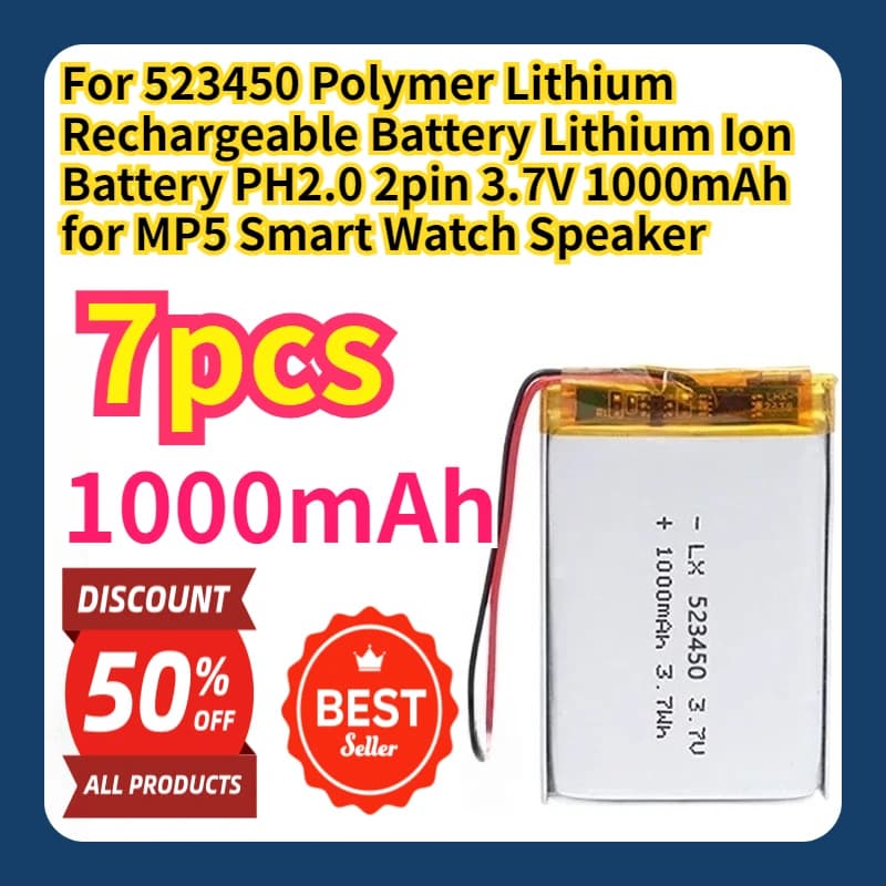 Batteria Ricaricabile ai Polimeri di Litio 523450, Batteria agli Ioni di Litio PH2.0 2pin 3.7V 1000mAh per MP5, Smartwatch, Altoparlante