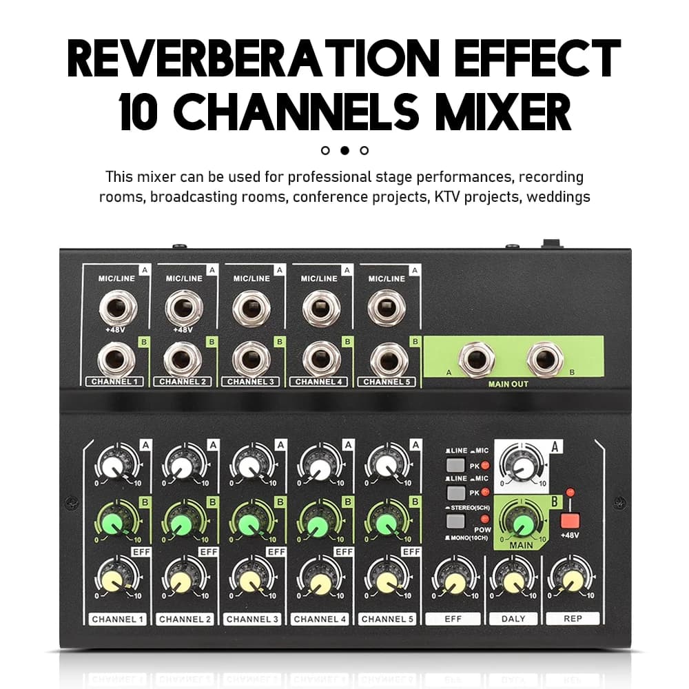 Console di missaggio a 10 canali mixer audio digitale mixer per microfono stereo riverbero e alimentatore phantom 48v per karaok dal vivo