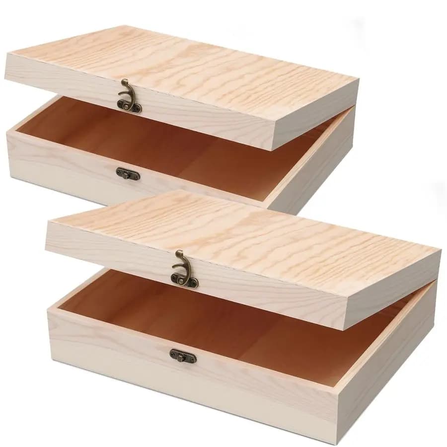 Solid wood box with hinge cover for crafts, DIY, jewelry storage, pine, 12 x 9 x 3.35