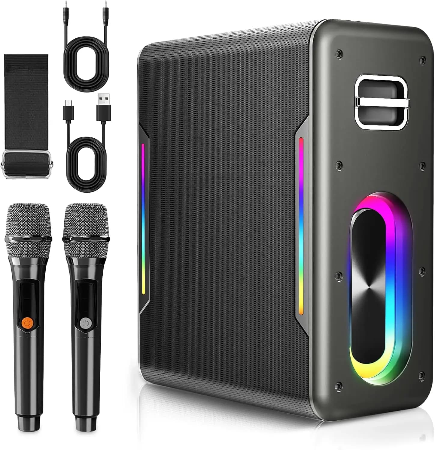 Macchina per Karaoke con 2 Microfoni Wireless, Altoparlante Bluetooth Portatile da 60W, Chip DSP, Luci LED, TWS, TF/USB/AUX