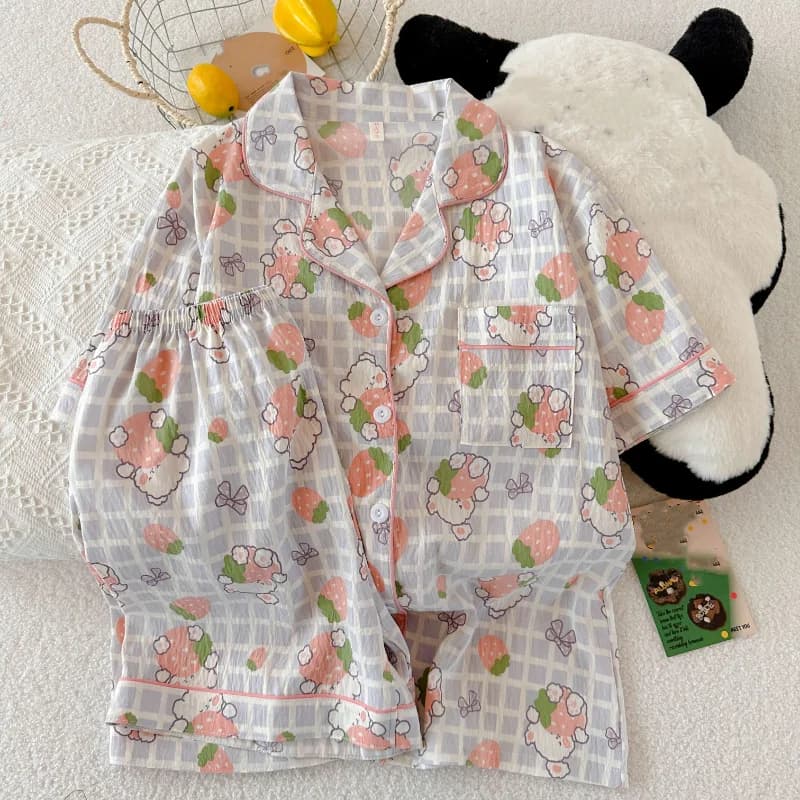 Bear Sweet Cute Strawberry Plaid Print Pajamas Set Y2K Outside Cartoon Fashion Set 2 Piece Woman 2025 New Summer Loungewear Cool