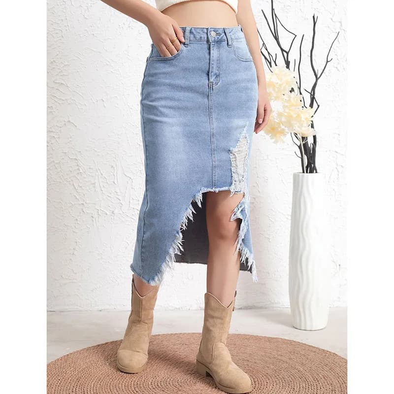Women Retro Distressed Denim Skirt Girls American Casual Wrap Hip Skirt Female Fashion Simple Blue A-line Jeans Skirts