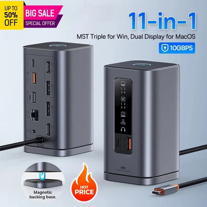 Hub USB C a DP 4K@60Hz HDMI DisplayPort 11-IN-1 Docking Station Triplo Display RJ45 PD 100W Per Windows Mac USB 3.1 HUB