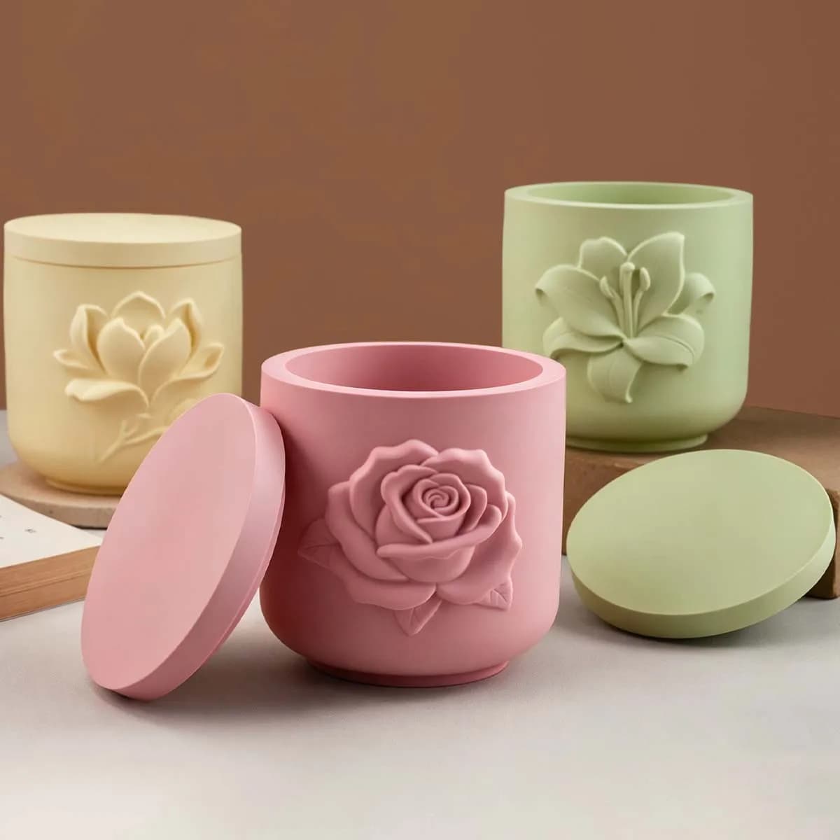 Set di Stampi in Silicone per Vasi Creativi a Forma di Rosa, Magnolia e Giglio, per Creazioni Fai-da-Te in Gesso, Resina, Scatole Portaoggetti e Contenitori per Candele