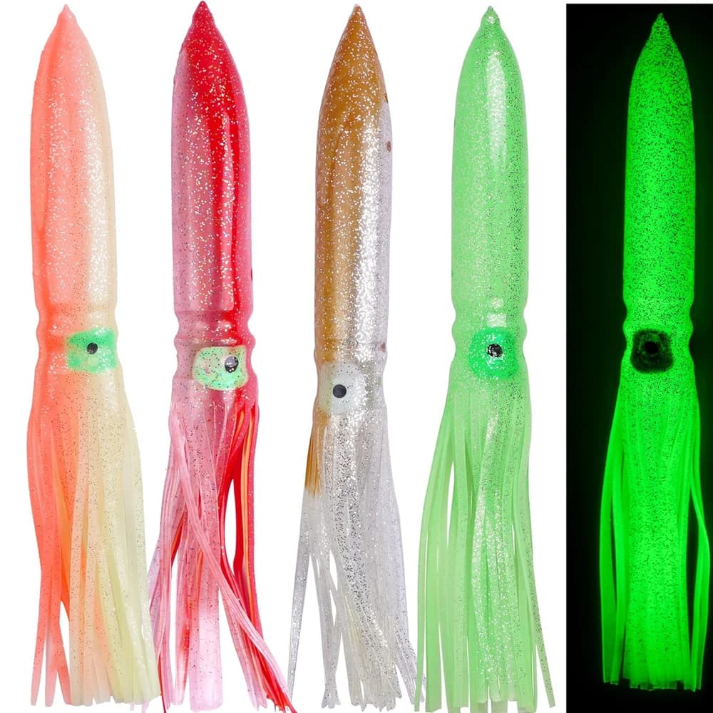 4 pezzi luminosi calamari gonne esche da pesca 30 cm 56g bagliore polpo gonne esche per tonno marlin grande gioco morbido traina calamari esche