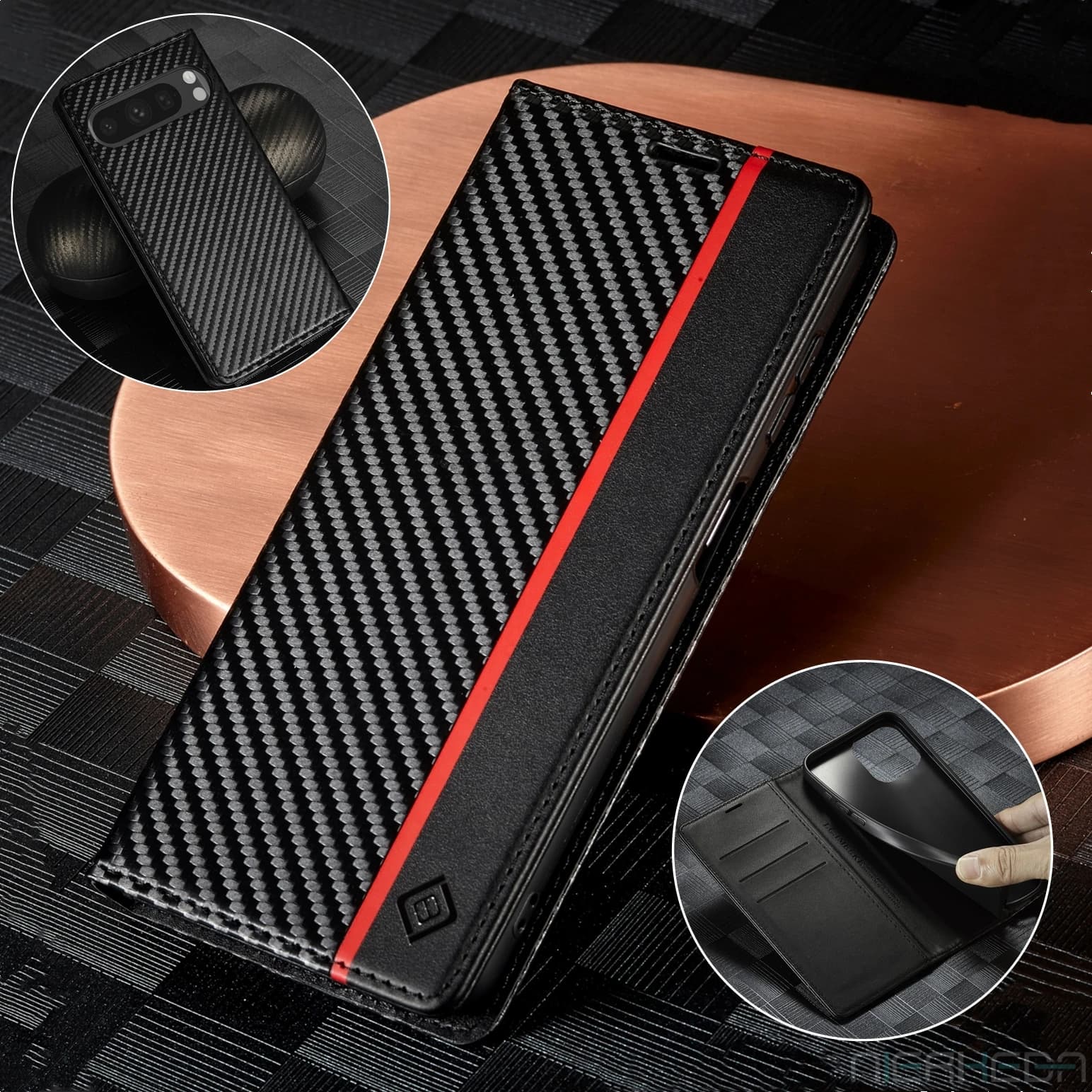 Carbon Fiber PU Leather Phone Case for Google Pixel 10 Pro XL 9 Pro 9A Wallet Case with Magnetic Card Slots Cpque Etui