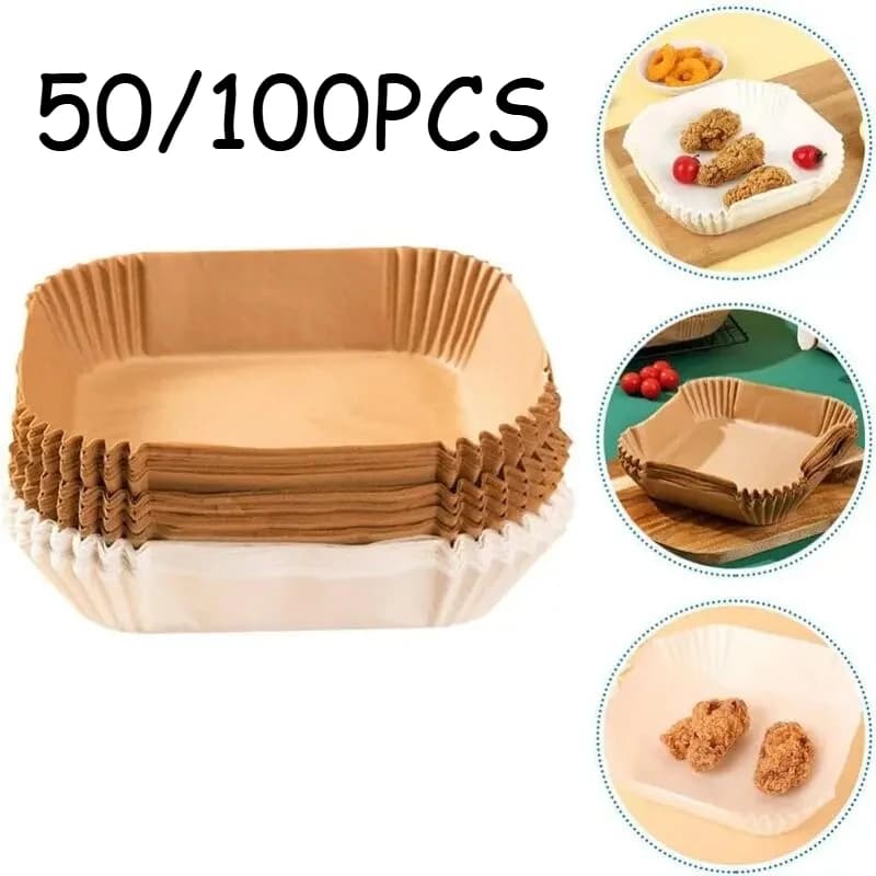 50/100 Pezzi Carta Monouso per Friggitrice ad Aria, Accessori per Friggitrice ad Aria, Rivestimento Quadrato Rotondo Antiaderente e Resistente all'Olio per Cucina e Forno