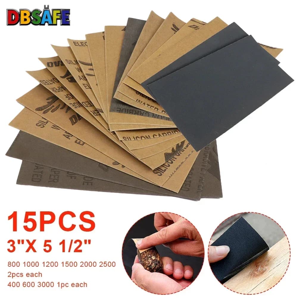 Set di carta vetrata a umido e asciutto da 15 pezzi, grana 400-3000, carta abrasiva per lucidatura, legno, metallo, kit di levigatura per riparazione mobili per auto