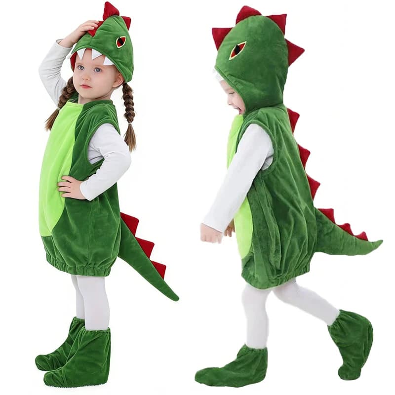 Green dinosaur costume for children, cute vest with hood for girls and boys with footdresses, theater clothes for Halloween Purim parties