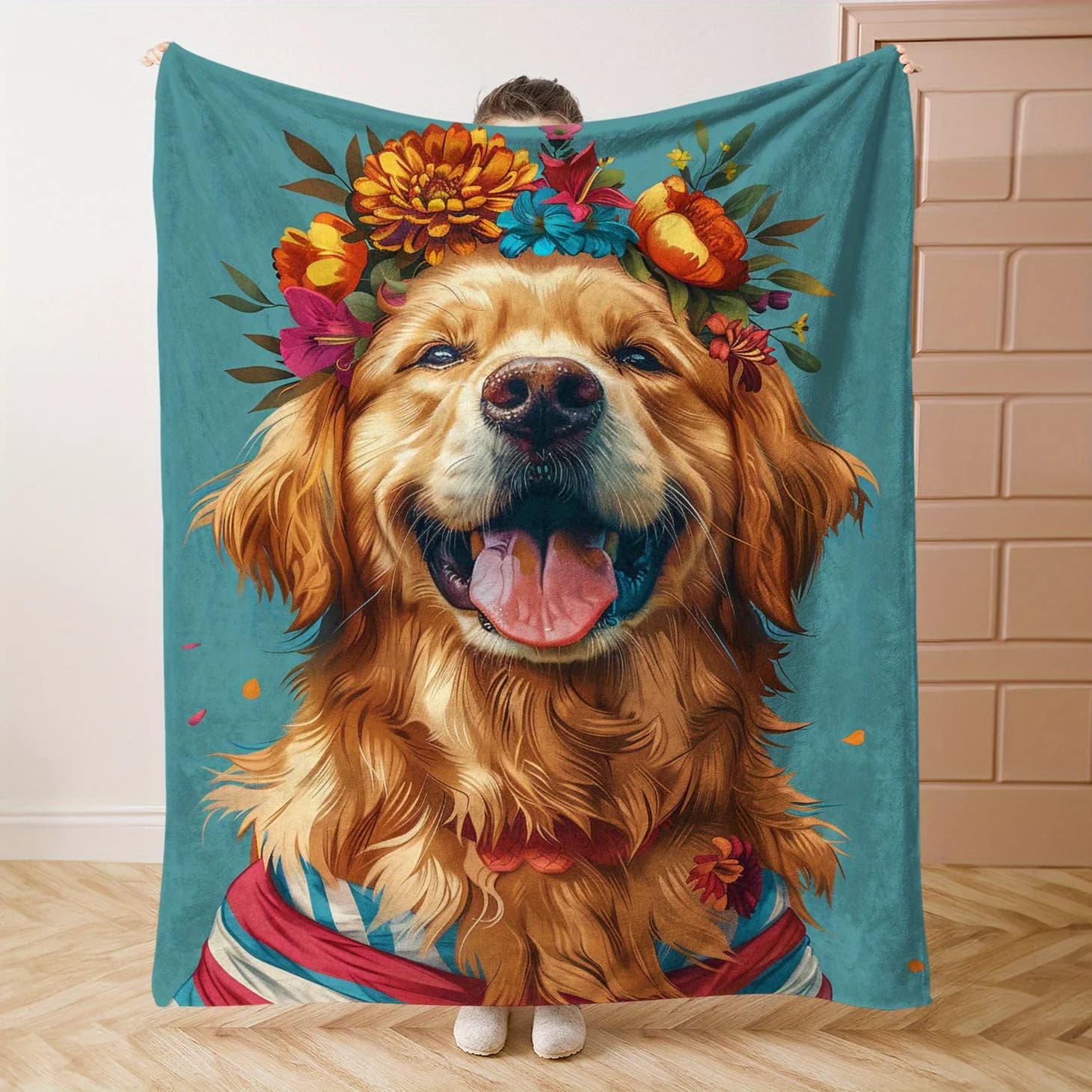 Coperta stampata in flanella con motivo floreale Golden Retriever adatta a tutte le stagioni adatta per divano da ufficio e viaggi