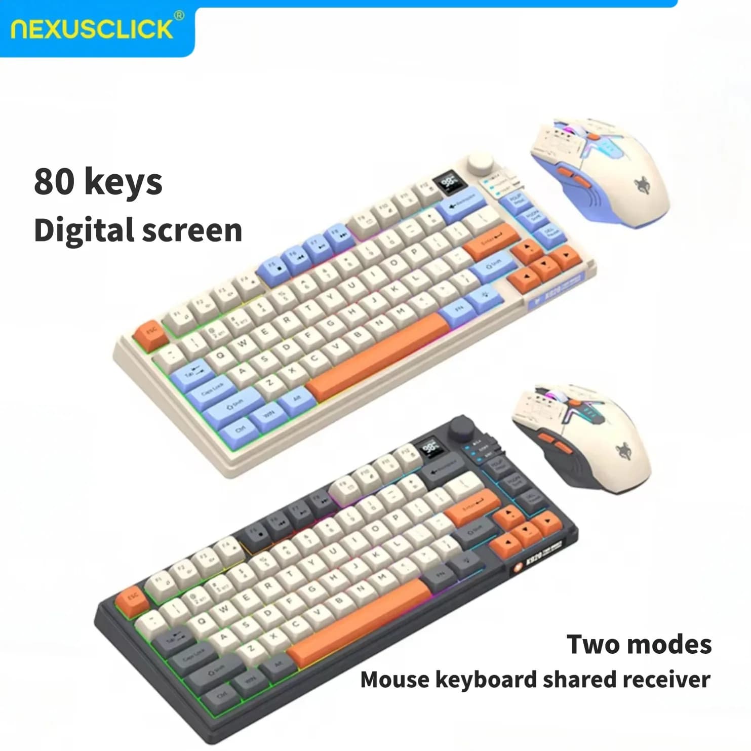 Combo Tastiera e Mouse Dual Mode NexusClick con Schermo, Mini 80 Tasti RGB Retroilluminati, Ricaricabile, DPI Regolabile, Batteria a Lunga Durata per Gaming