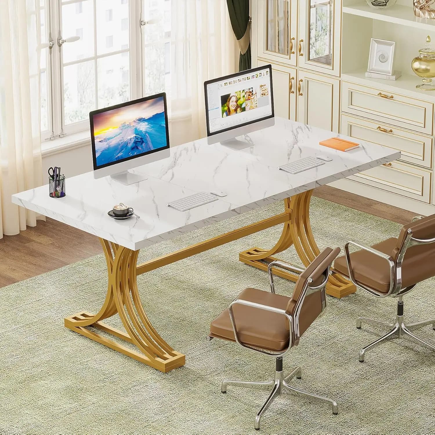 Scrivania da Ufficio LITTLE TREE, Moderna Scrivania Direzionale Rettangolare con Eleganti Gambe Dorate, Arredamento per Ufficio Domestico