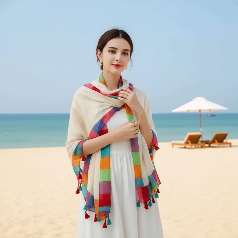 Holiday Stole Rainbow-Border Linen Scarf Tasseled Lightweight Beach Wrap Oversized Breathable Summer Shawl Beachgoers