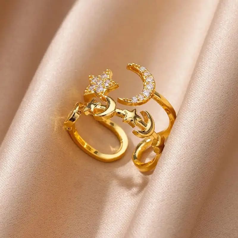 Anelli con stelle lunari a doppio strato per donna Anello regolabile color oro in acciaio inossidabile Femme Regalo di gioielli di moda per matrimonio estetico