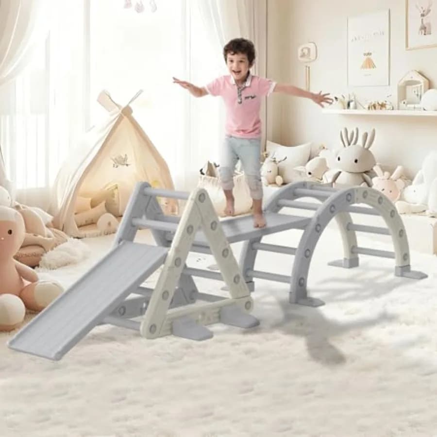 Set di Giochi per Arrampicata per Bambini, in HDPE e PP Resistenti, con Arco, Rampa, Scala e Scivolo, Parco Giochi Interno