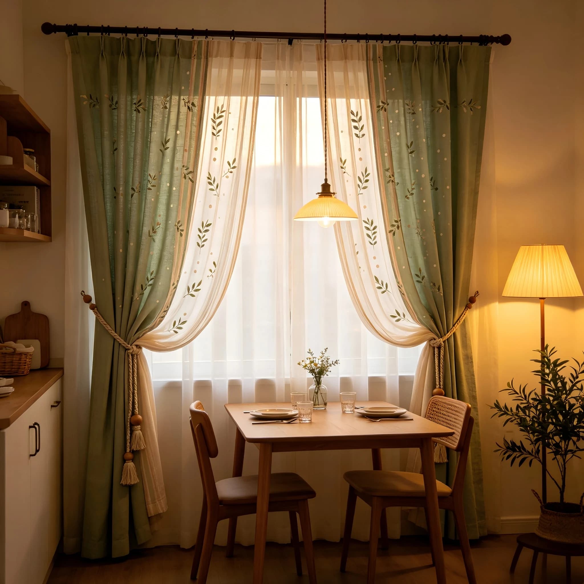 200326 Small sized dining area: Sage green cotton linen x cream gauze, olive branch polka dot patterned curtains