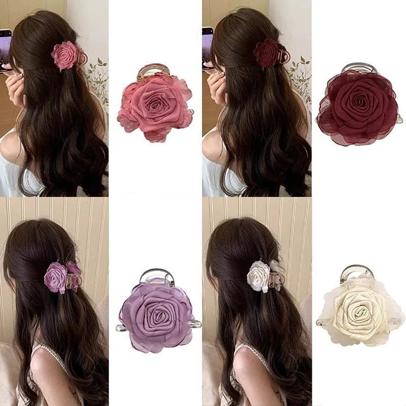 Elegante artiglio per capelli fiore rosa per donna Elegante temperamento squalo Clip Dolce ornamento per capelli Testa posteriore Fermaglio per capelli floreale Forcina