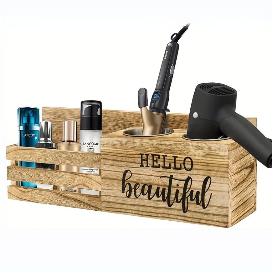Wooden Retro Hair Dryer Bathroom Wall Shelf Solid Wood Desktop Cosmetic Miscellaneous Organizer Multi-Compartment Storage Box