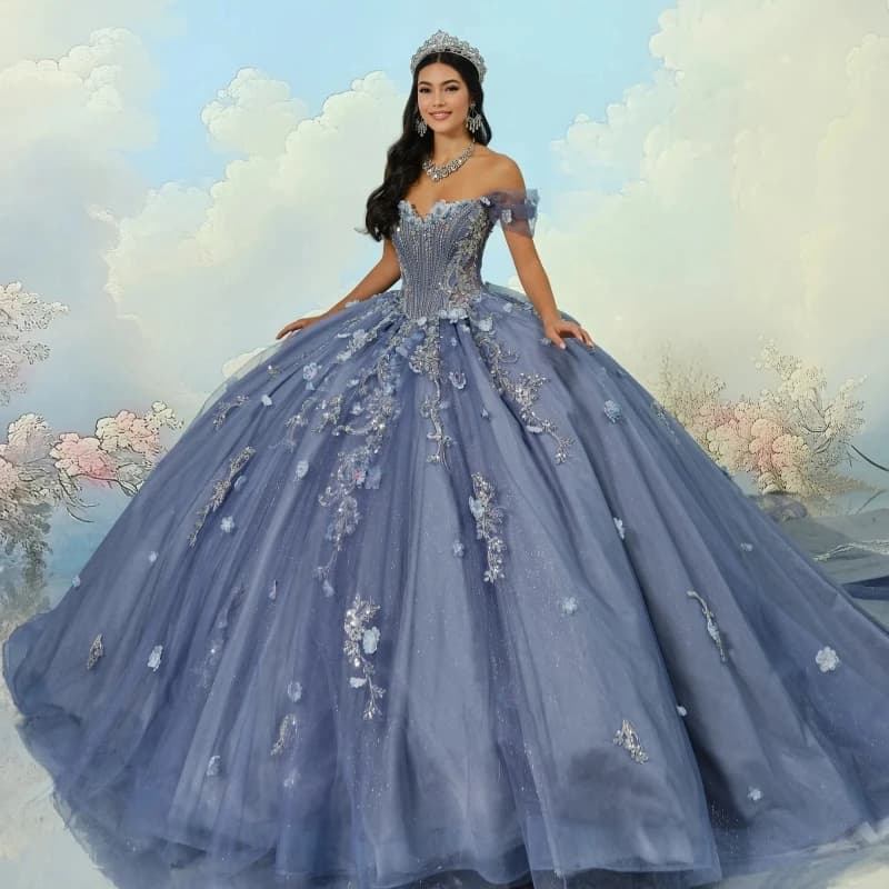 Abiti Quinceanera lucidi blu navy Abito da ballo con spalle scoperte Applique Fiore che borda Tull Sweet 16 Dress Abiti 15 De Anos