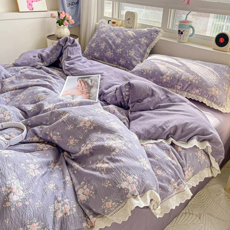 Puple Flower Printed Cover with Lace Double Layer Yarn housse de couette 220x240 Single/queen/king size cover