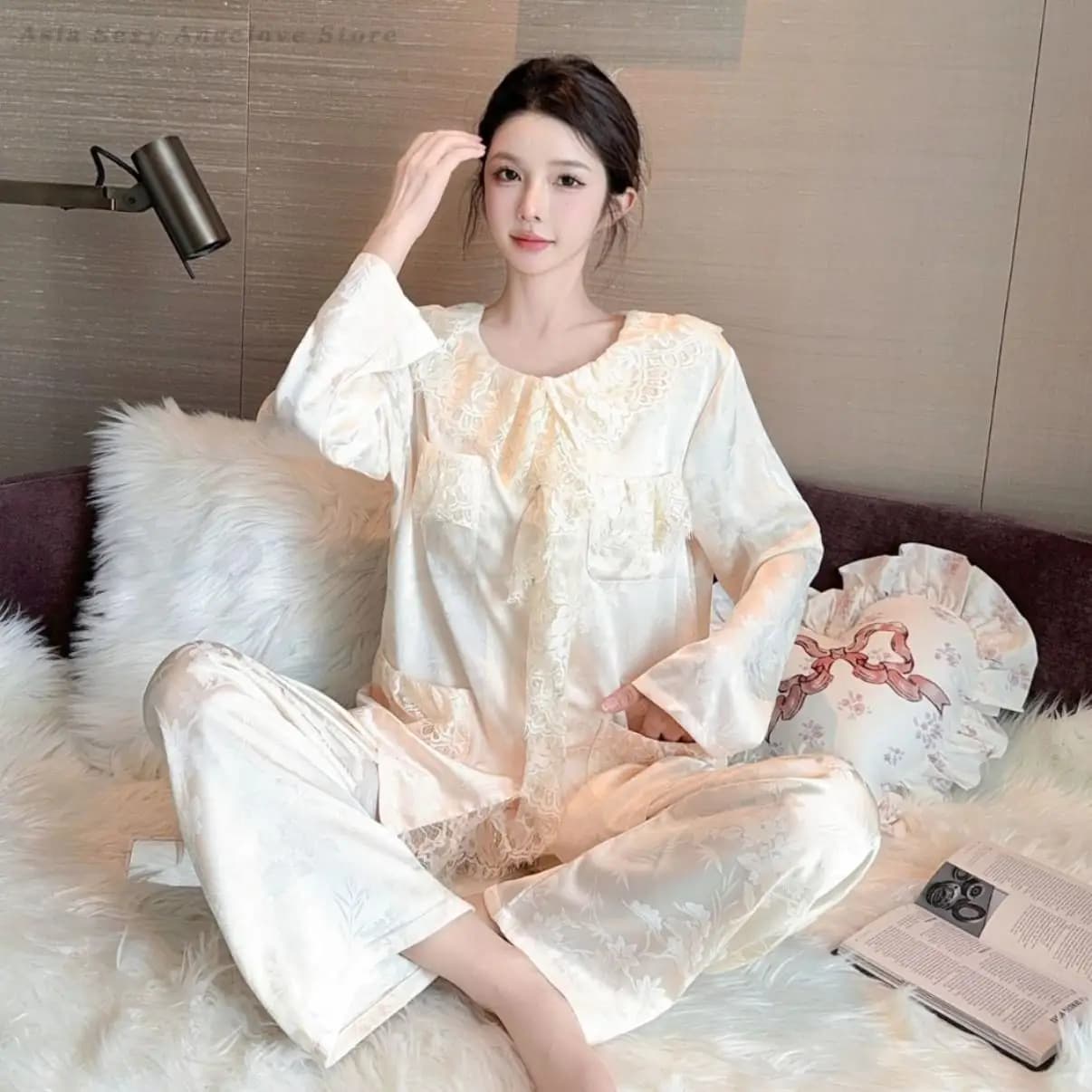 Raso a maniche lunghe dolce 2 pezzi pigiama set primavera pizzo di lusso vestiti per la casa donna allentato casual indumenti da notte Pijama Mujer loungewear