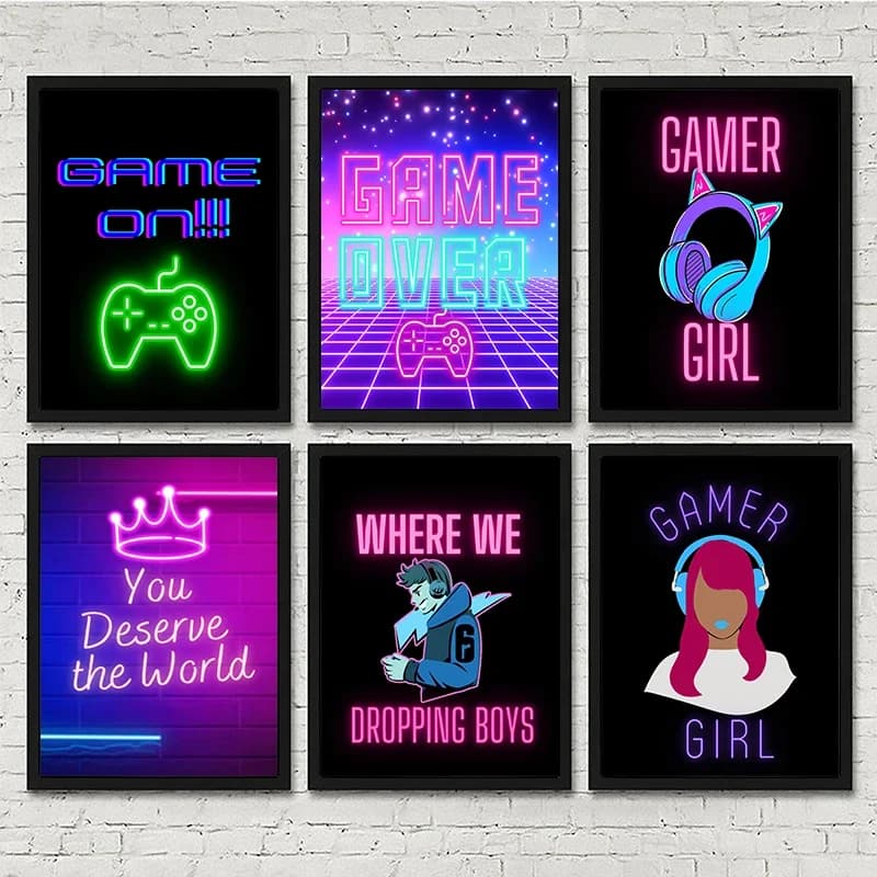 Gioco al neon Gioco Wall Art Poster Gamer Girl Pittura Stampe su tela Immagini per bambini Ragazzi Sala giochi Decor Senza cornice