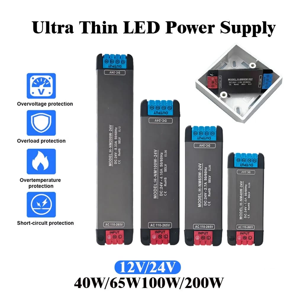 Alimentatore LED Ultra Sottile DC24V 200W 100W 65W 40W, Trasformatore a Tensione Costante per Strisce LED