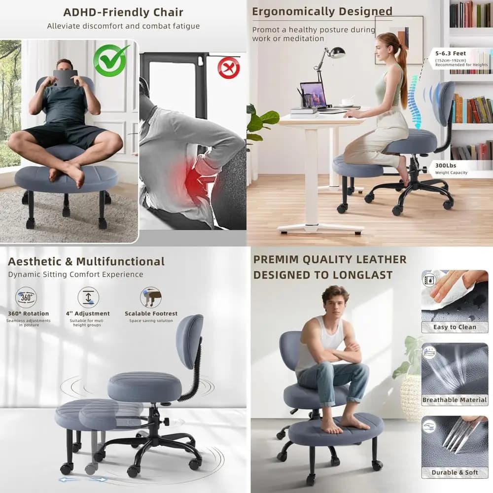 Sedia ergonomica inginocchiata ad altezza regolabile con supporto lombare e 360 ° Poggiapiedi girevole per Home Office e Meditazione (Grigio)