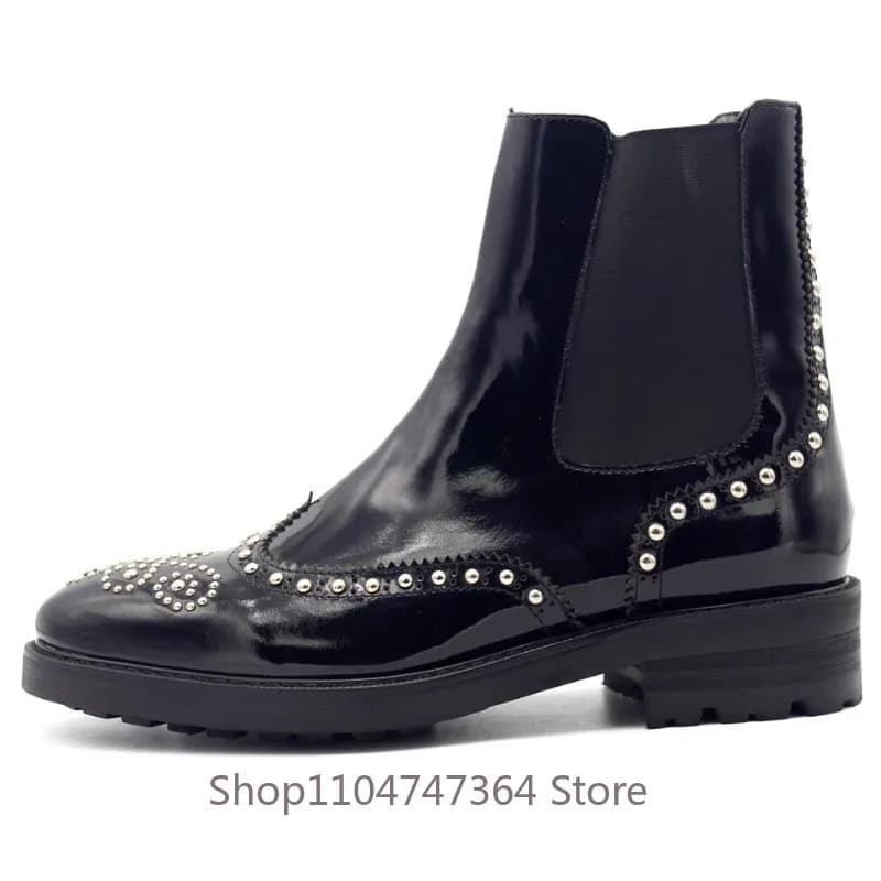 New British Rivet Chelsea Boots Men's Handmade Pointed Toe Sculpted Brogue Shoes Youth Genuine Leather Business Dress Boots
