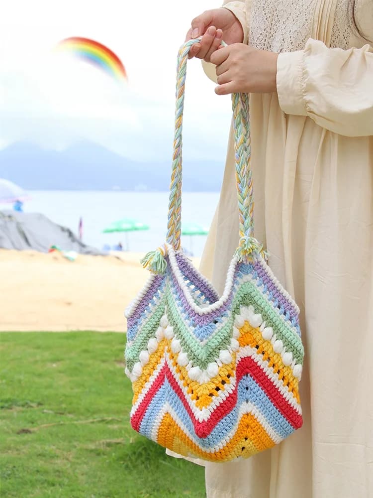 Borsa Estiva per Picnic con Uncinetto, Ago e Manico Singolo, Stile Cesto, Fai da Te, Stile Dolce e Fresco, Borsa Casual Universale