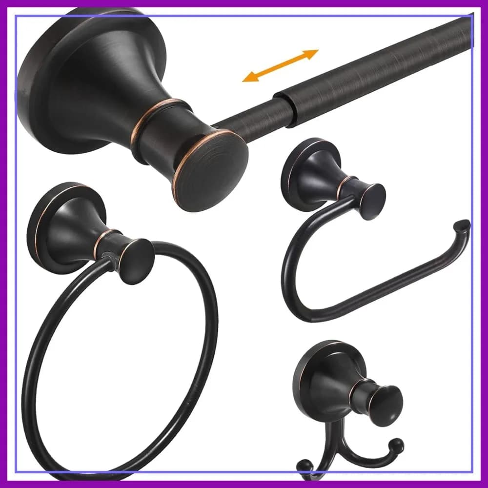 Set di accessori da bagno in bronzo lucidato a olio, 4 pezzi: portasciugamani, anello porta asciugamani, porta carta igienica, doppi ganci