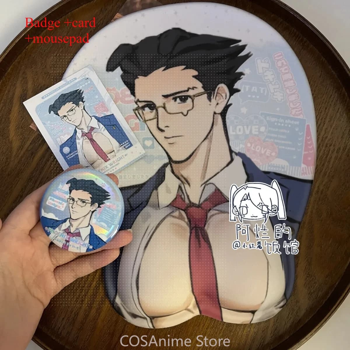 Anime Cartoon Ace Avvocato Phoenix Wright 3D Morbido Gel di silice Mouse Pad Poggiapolsi Tastiera Cosplay Desktop Playmat Badge Regalo