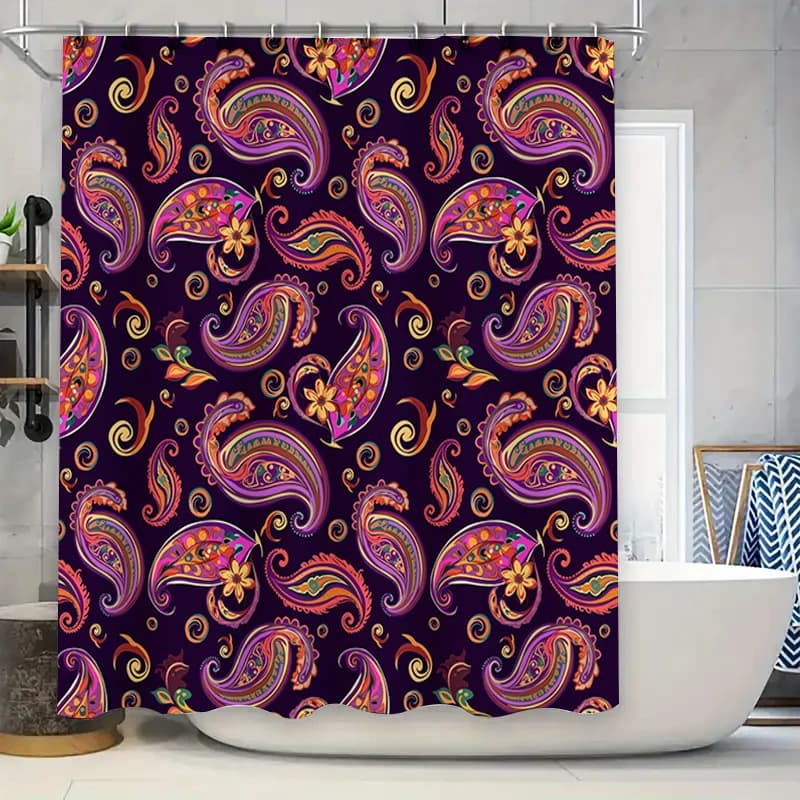 Tenda da doccia con motivo vibrante Stampa floreale paisley per l'arredamento del bagno Nastri per tappeti da bagno viola scuro Tessuto impermeabile personalizzabile