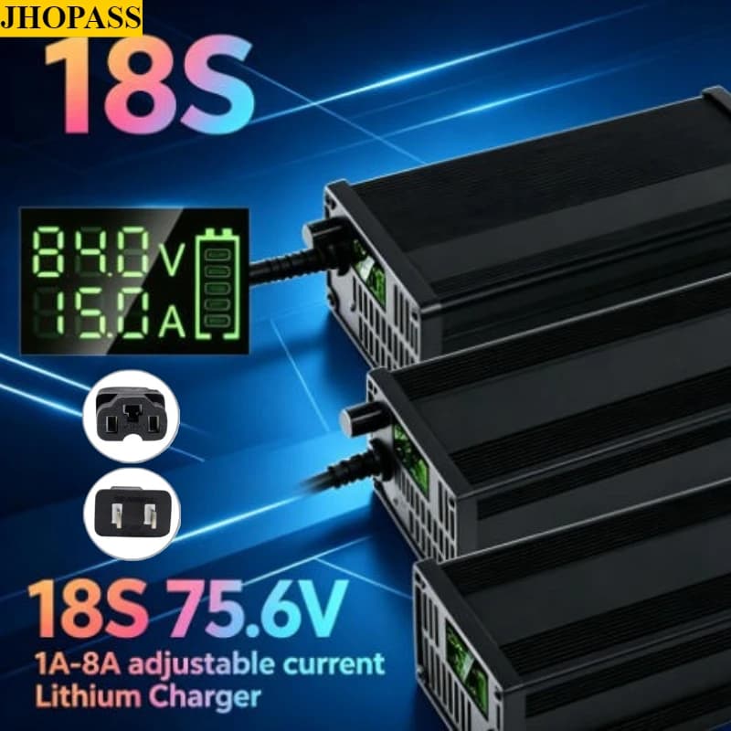 18S Smart 75.6V 1A -8A LCD Adjustable Current 64V 220V LiFePO4 Lithium Charger for Forklift Truck Floor Scrubber UK EU AU Plug