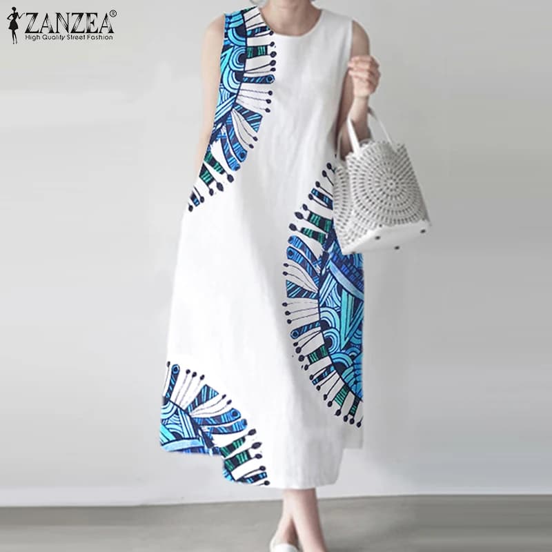 Summer Sleeveless Dress ZANZEA 2026, Women's Casual Dress with Elegant Print, Round Neck, Midi Dress for Holiday