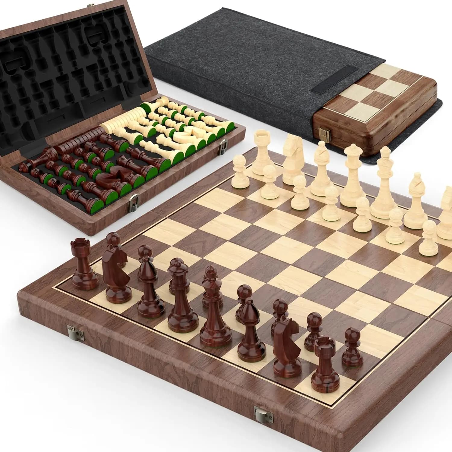 Set di scacchi e dama magnetici in noce da 38 cm - Pieghevole 2 in 1 con pezzi Staunton, extra da donna, piastrelle, sacchetto per la polvere (nero)