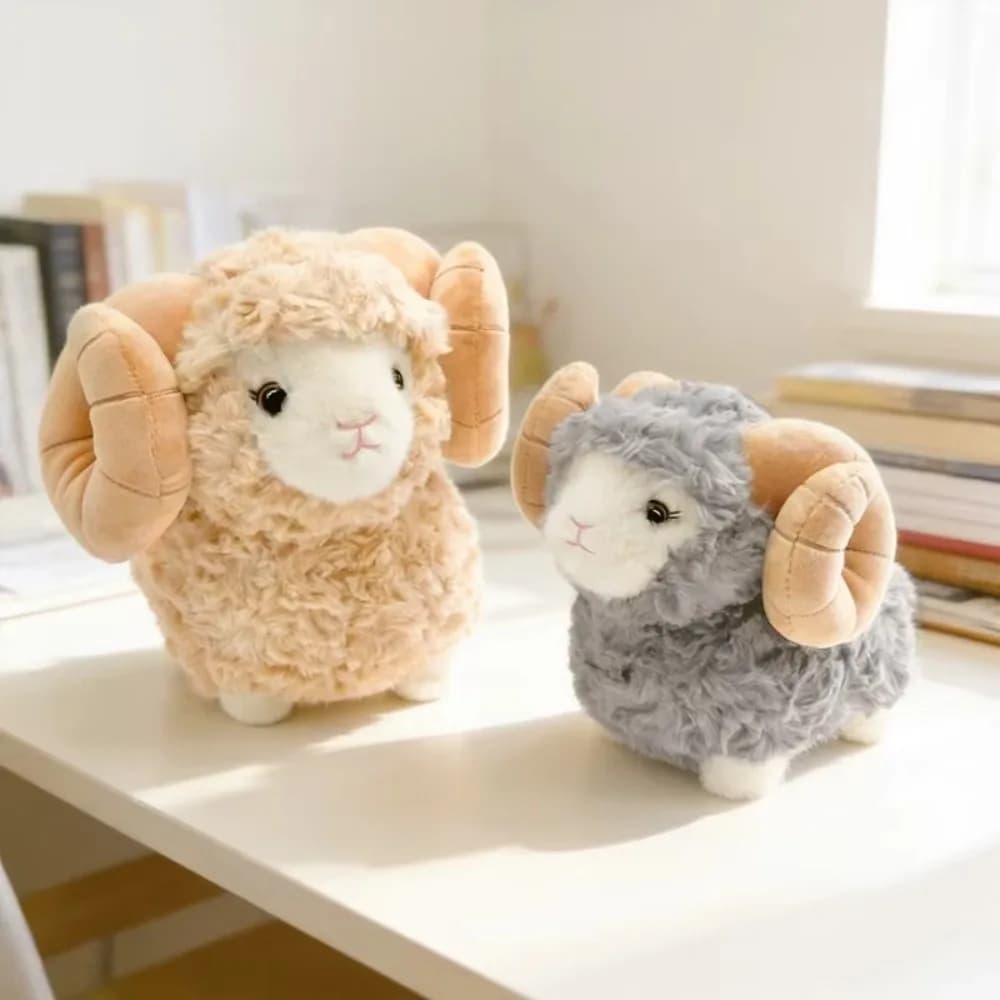Soft Fluffy Simulation Sheep Plush Toy Hugging Appease Big Horns Fluffy Sheep Plush Doll Warm Cozy Big Horn Sheep Stuffed Animal