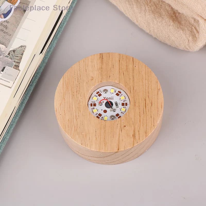 (Fa) Base per display a luce LED rotonda in legno da 8/10 cm a batteria, supporto per lampada da tavolo, base per lampada da notte, ornamenti artistici in cristallo