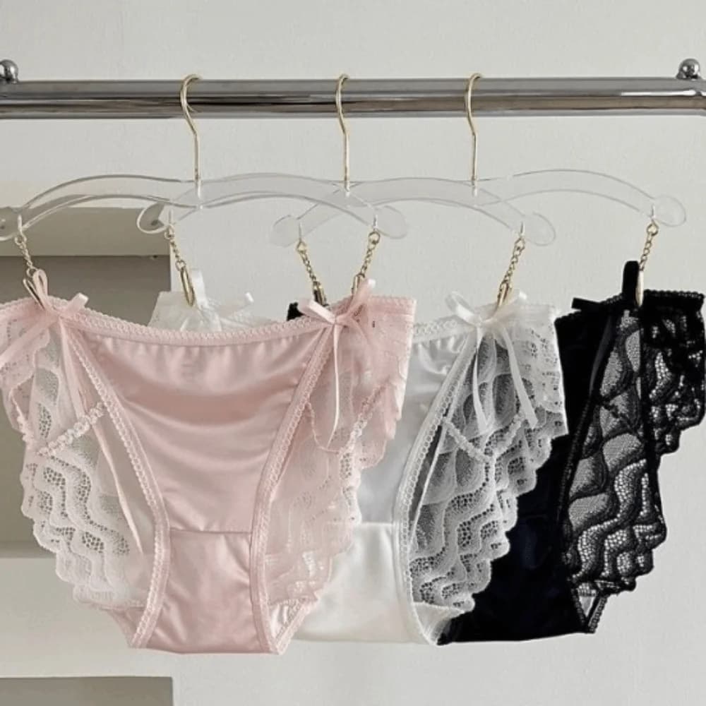 Fashion Bow Lace Flower Panties Transparent Low Waist Satin Silk Briefs French Style Seamless Women Underwear Gifts