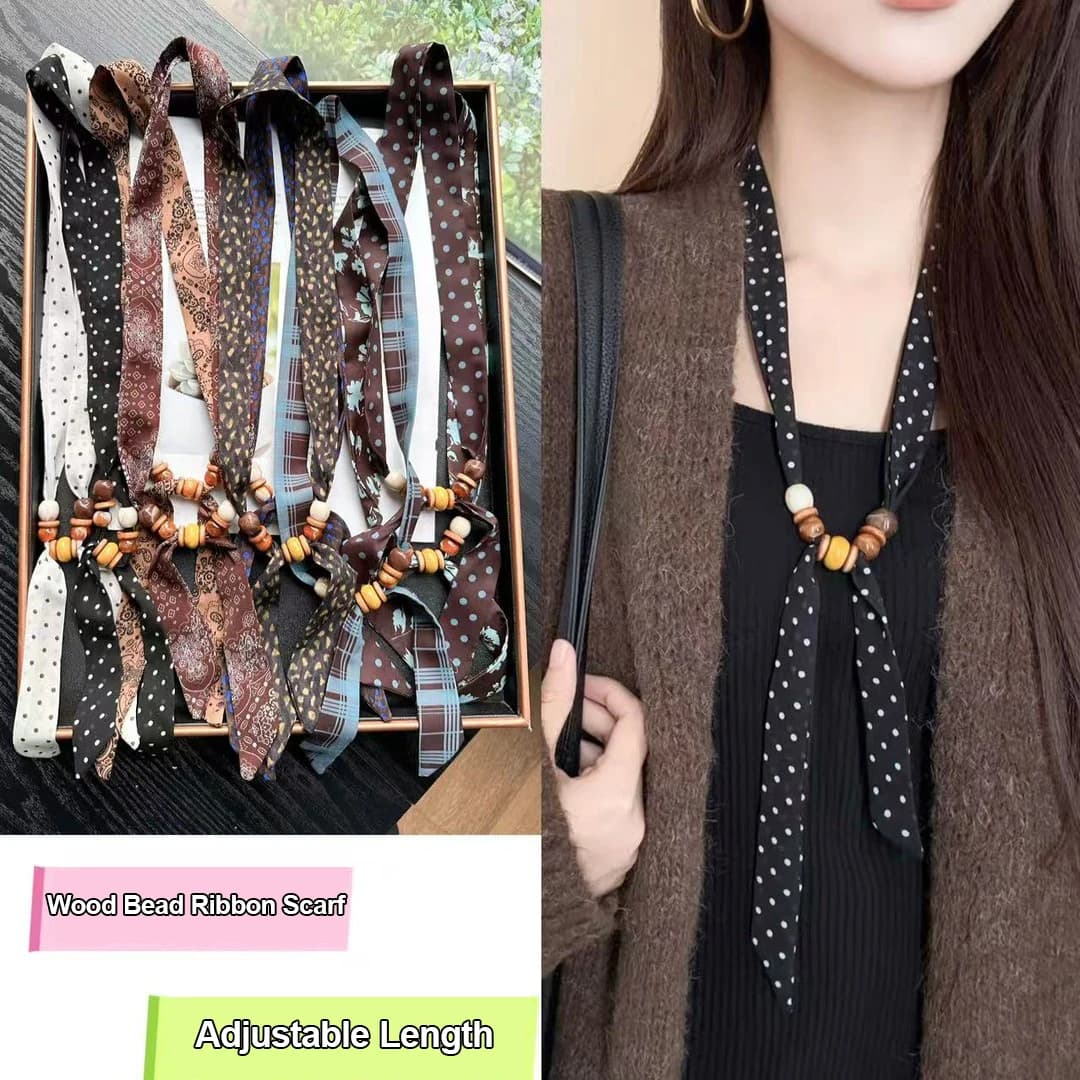 Wood Bead Neck Ribbon Women Adjustable Thin Scarf Necklace Printed Silk Neck Tie Skinny Decorative Scarf Korean Style Choker