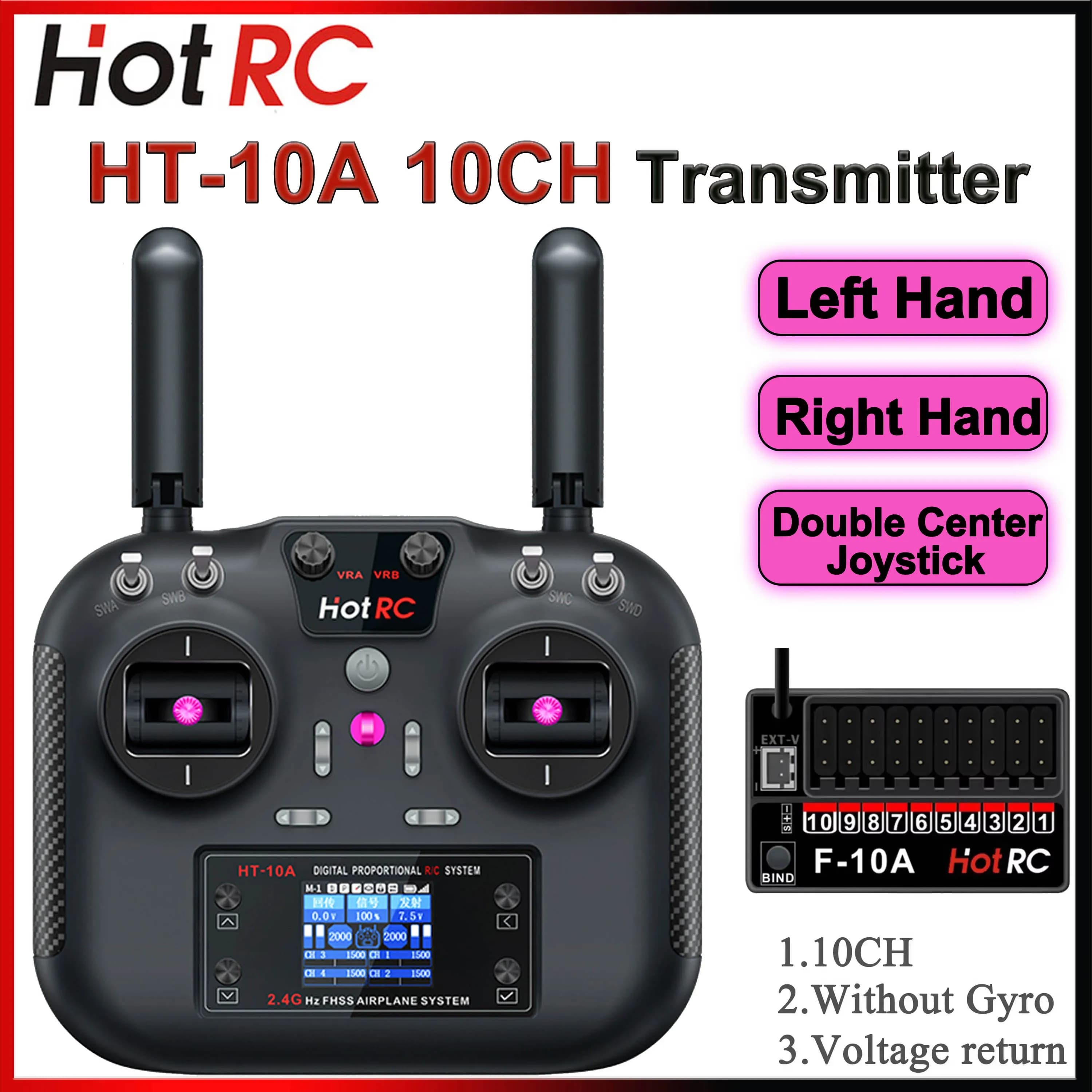 HotRC HT-10A Transmitter HT10A 2.4G 10CH Left/ Right Accelerator Remote Control F10A Receiver for RC Air drone Auto