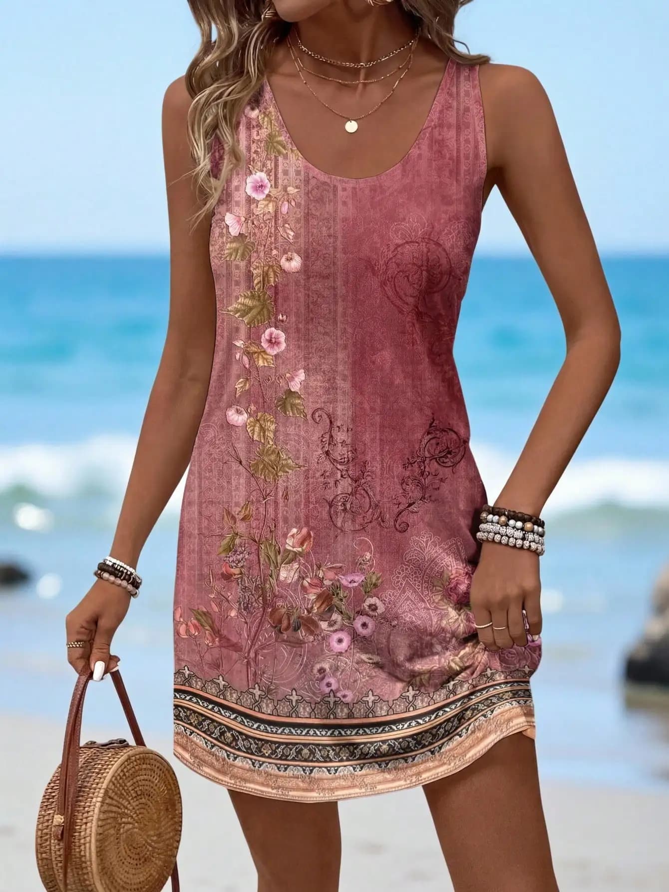Women's Casual Vintage Floral Print Round Neck Sleeveless Mini Dress For Summer