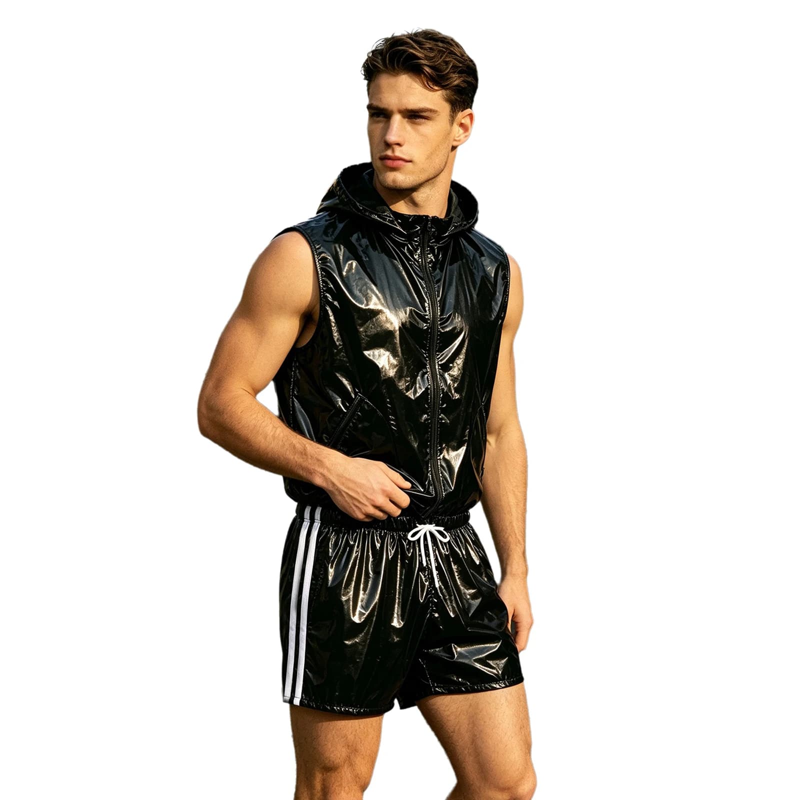 Men Glossy Waterproof Zipper Hooded Vest with Shorts Built-in Briefs Cycling Hiking Tracksuit Sauna Suit Raincoat Hip Hop Outfit