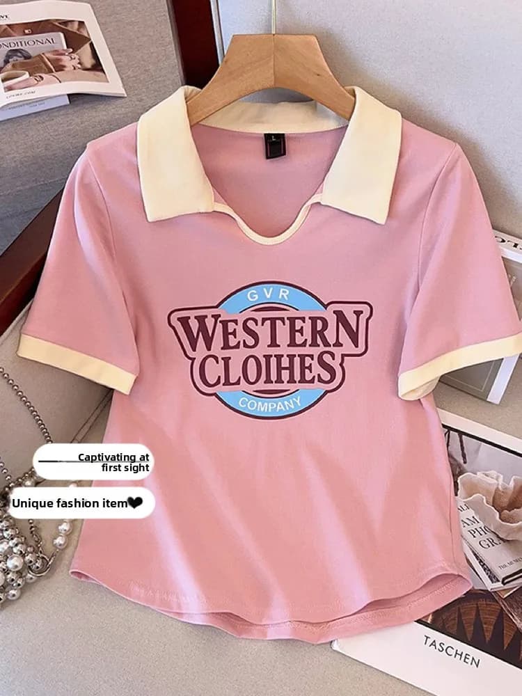 American Style Collar Short Sleeve T-Shirt Women Summer plus Size Loose Slimming Asymmetrical Pink Anti-aging Top