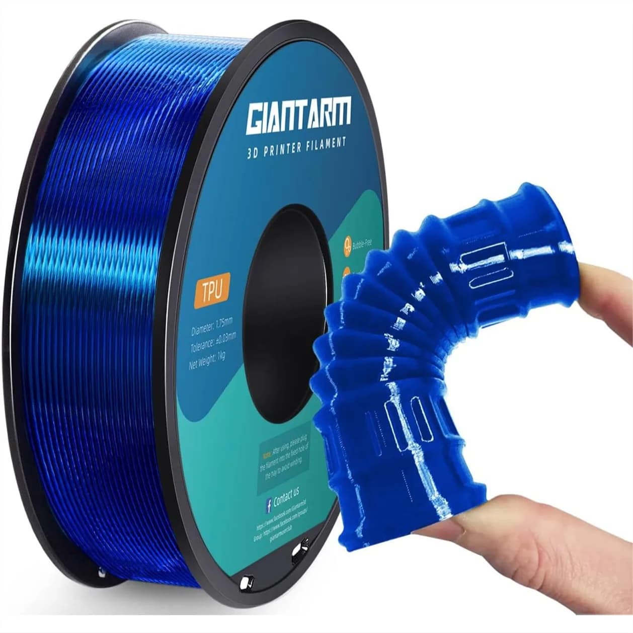 Filamento TPU 1.75mm Flessibile Morbido Blu per Stampante 3D, 95A Bobina da 1kg (2.2 libbre) con precisione di +/- 0,05 mm