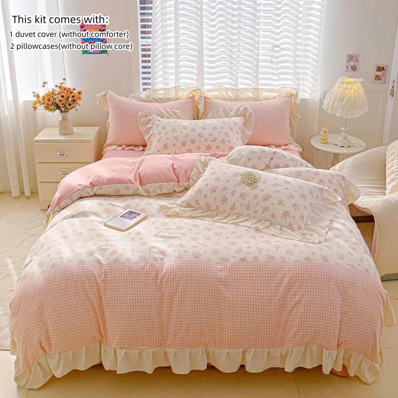 Set copripiumino in pizzo coreano 3 pezzi (1 * copripiumino + 2 * federa, senza anima), set biancheria da letto con stampa di piante