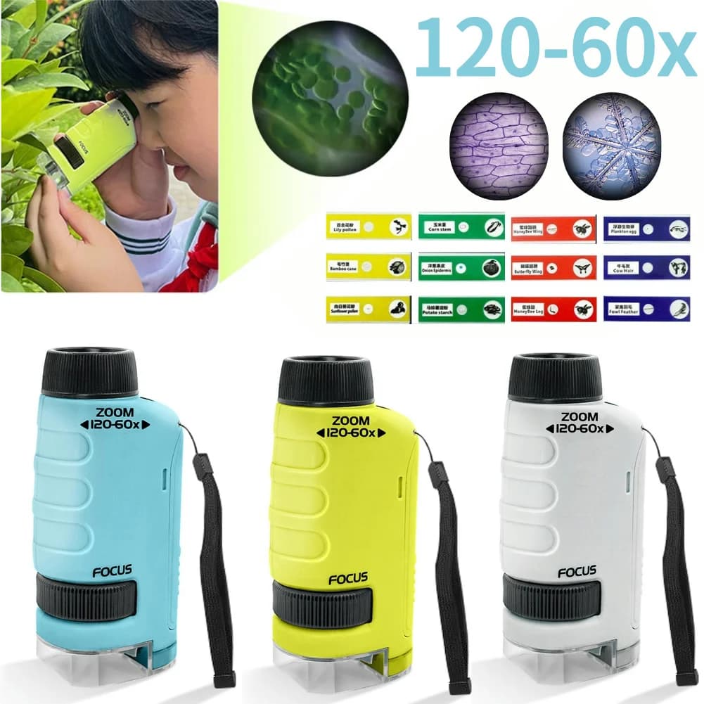 60-120x Mini microscopio portatile Kit microscopio tascabile con luce a LED Casa Scuola Scienze biologiche Educativi per bambini