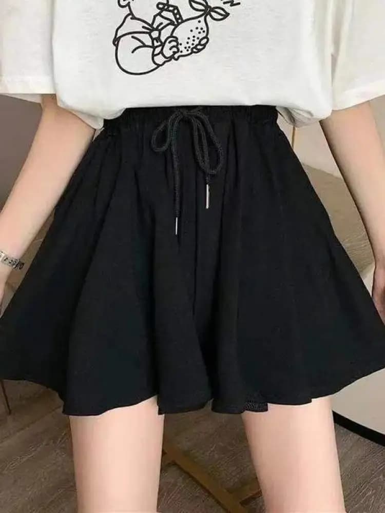 2026 Summer Shorts Skirts Women Elastic High Waist Casual Wide Leg Shorts Korean A Line Loose Mini Skirt Black Short Pants