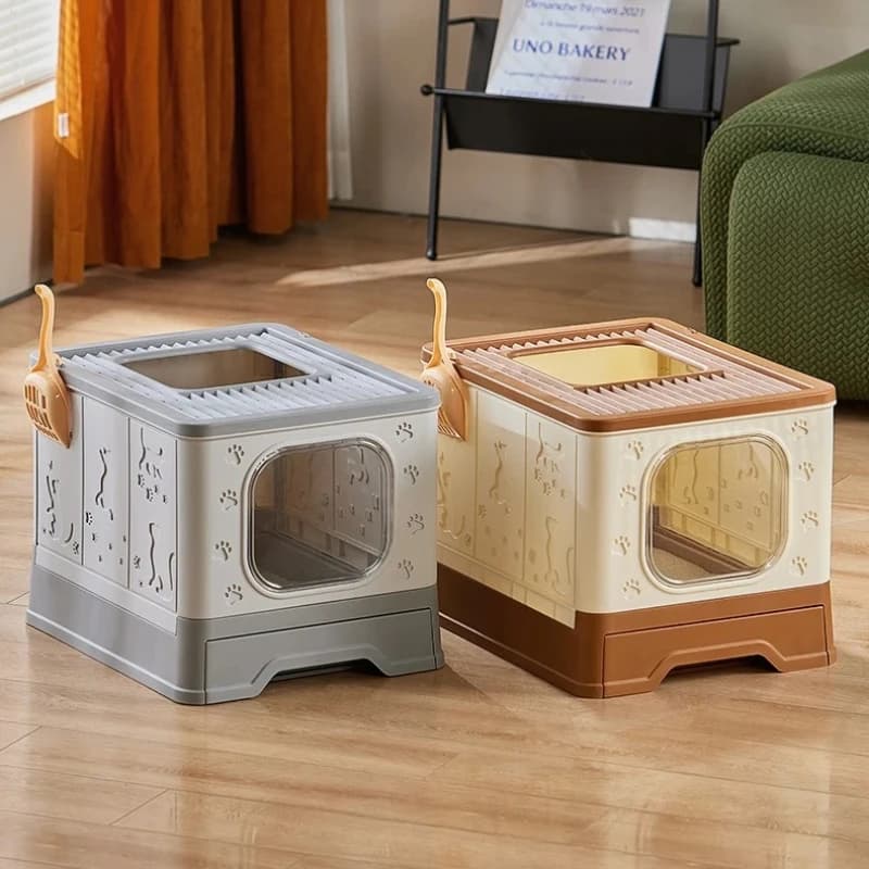 Lettiera per gatti con paletta e vassoio, sistema di filtraggio, chiusa, pieghevole, toilette per gattini, con ingresso frontale superiore rimovibile, articoli per animali domestici